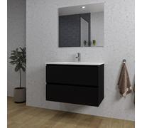 Adema Chaci Ensemble de meuble salle de bain - 80x46x55cm - 1 lavabo en céramique blanc - 1 trou de robinet - 2 tiroirs - miroir rectangulaire - noir mat SW1212768/SW804531/SW724611