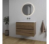 Adema Chaci Ensemble de meuble salle de bain - 80x46x55cm - 1 lavabo en céramique blanc - sans trous de robinet - 2 tiroirs - miroir rond avec éclairage - noyer (bois) SW1212764/SW773926/SW108328