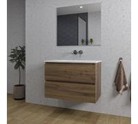Adema Chaci Ensemble de meuble salle de bain - 80x46x55cm - 1 lavabo en céramique blanc - sans trous de robinet - 2 tiroirs - miroir rectangulaire - noyer (bois) SW1212764/SW773926/SW724611