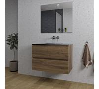 Adema Chaci Ensemble de meuble salle de bain - 80x46x55cm - 1 lavabo en céramique noir - sans trou de robinet - 2 tiroirs - miroir rectangulaire - noyer (bois) SW1212764/SW773931/SW724611