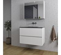 Adema Chaci Ensemble de meuble salle de bain - 80x46x55cm - 1 lavabo en céramique noir - sans trou de robinet - 2 tiroirs - Armoire de toilette - blanc mat SW1212766/SW812070/SW1212816/SW773931