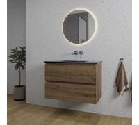 Adema Chaci Ensemble de meuble salle de bain - 80x46x55cm - 1 lavabo en céramique noir - sans trou de robinet - 2 tiroirs - miroir rond avec éclairage - noyer (bois) SW1212764/SW773931/SW108328