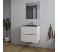 Adema Chaci Ensemble meuble salle de bains - 60x46x57cm - 1 vasque en céramique noire - 1 trou de robinet - 2 tiroirs - miroir rectangulaire - Cotton SW1212761/SW761654/SW724610