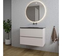 Adema Chaci Ensemble meuble salle de bains - 80x46x57cm - 1 vasque en céramique noire - sans trou de robinet - 2 tiroirs - miroir rond avec éclairage - Cotton SW1212765/SW773931/SW108328