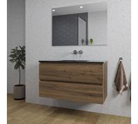 Adema Chaci Ensemble salle de bain - 100x46x57cm - 1 vasque en céramique noire - sans trous de robinet - 2 tiroirs - miroir rectangulaire - noix SW1212772/SW773932/SW724612