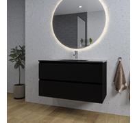 Adema Chaci Meuble salle de bain - 100x46x57cm - 1 vasque en céramique noire - 1 trou de robinet - 2 tiroirs - miroir rond avec éclairage - noir mat SW1212776/SW761656/SW161922