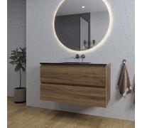 Adema Chaci Meuble salle de bain - 100x46x57cm - 1 vasque en céramique noire - sans trou de robinet - 2 tiroirs - miroir rond avec éclairage - noix SW1212772/SW773932/SW161922