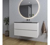Adema Chaci Meuble salle de bain - 100x46x57cm - 1 vasque en céramique noire - sans trou de robinet - 2 tiroirs - miroir rond avec éclairage - blanc mat SW1212771/SW773932/SW161922