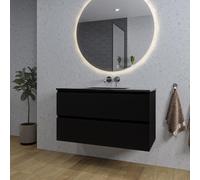 Adema Chaci Meuble salle de bain - 100x46x57cm - 1 vasque en céramique noire - sans trou de robinet - 2 tiroirs - miroir rond avec éclairage - noir mat SW1212776/SW773932/SW161922