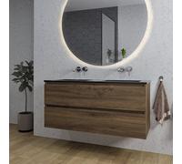 Adema Chaci Meuble salle de bain - 120x46x57cm - 2 vasques en céramique noire - sans trou de robinet - 2 tiroirs - miroir rond avec éclairage - noix SW1212779/SW773933/SW161923