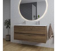 Adema Chaci Meuble salle de bain - 120x46x57cm - 2 vasques ovales en céramique blanche - 2 trous de robinet - 2 tiroirs - miroir rond avec éclairage - noix SW1212779/SW718719/SW161923