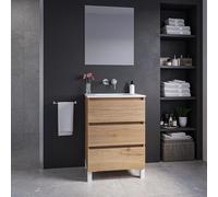 Adema Chaci PLUS Ensemble de meuble - 59.5x86x45.9cm - 1 vasque ovale en céramique Blanc - 1 trou de robinet - 3 tiroirs - miroir rectangulaire - Cannelle SW892694/SW718716/SW724610