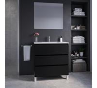 Adema Chaci PLUS Ensemble de meuble - 79.5x86x45.9cm - 1 vasque rectangulaire en céramique Blanc - 1 trou de robinet - 3 tiroirs - miroir rectangulaire - Noir mat SW1212798/SW804531/SW724611