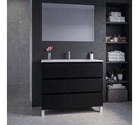 Adema Chaci PLUS Ensemble de meuble - 99.5x86x45.9cm - 1 vasque ovales en céramique Blanc - 1 trou de robinet - 3 tiroirs - miroir rectangulaire - Noir mat SW1212802/SW718718/SW724612