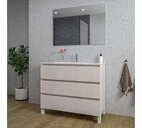 Adema Chaci PLUS Ensemble de meuble salle de bain - 100x86x46cm - 1 lavabo en céramique ovale blanc - 1 trou de robinet - 3 tiroirs - miroir rectangulaire - mat coton (beige) SW1212804/SW718718/SW7246