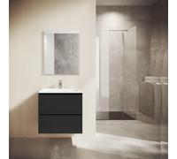 Adema Prime Blend Ensemble de meuble - 60x55x46cm - 1 vasque ovale en céramique Blanc - 1 trou de robinet - 2 tiroirs - avec miroir rectangulaire - Noir mat SW892641/SW718716/SW724610