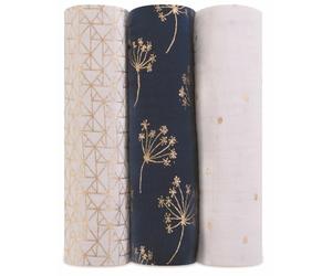 aden + anais 3 Maxi-langes grand format prélavés en mousseline de coton métallisée, Couverture douce et légère, Allaitement, Garçon, Fille, Lot de trois, 120cm x 120cm, Imprimé metallic gold deco