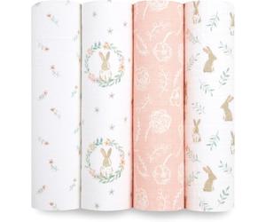 aden + anais Essentials Blushing Bunnies Lange - Pack de 4 | Ensenble de Langes 100% Mousseline de Coton resprirante pour bébé | Imprimés Lapin, Rose, Fleurs