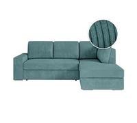 ADEN - Canapé d'angle convertible avec coffre en velours côtelé - Angle droit - Bleu clair