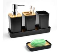 ADERTOS 5 Pièces Ensemble d'Accessoires de Salle de Bain Accessoire pour Salle de Bain en Bambou avec Bouteilles de Lotion, Porte-Brosse à Dents, Gobelet à Dents, Porte-Savon, Plateau (Noir)