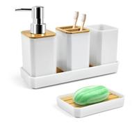 ADERTOS 5 Pièces Ensemble d'Accessoires de Salle de Bain Accessoire pour Salle de Bain en Bambou avec Bouteilles de Lotion, Porte-Brosse à Dents, Gobelet à Dents, Porte-Savon, Plateau (Blanc)