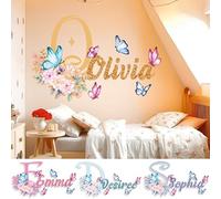 AdesiivoStudio Stickers Muraux Personnalisés Fleurs et Papillon, Décoration Chambre Fille Bébé, Étiquettes Autocollantes avec Nom et Initiale, Effet Pailleté, Décoller et Coller