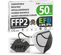 ADESTE - 50 Masques FFP2 NR D Noirs Certifiés CE, approvisionnement contrôlé, élastiques confortables, hypoallergéniques et réglables. EFB 99,5%. Emballage individuel