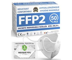 ADESTE - 50 Masques FFP2 NR Blancs Certifiés CE, approvisionnement contrôlé, élastiques confortables, hypoallergéniques et réglables. EFB 99,5%. Emballage individuel
