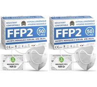 ADESTE - 50 Masques FFP2 NR D Blancs Certifiés CE, approvisionnement contrôlé, élastiques confortables, hypoallergéniques et réglables. EFB 99,5%. Emballage individuel (Lot de 2)