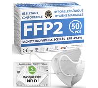 ADESTE - 50 Masques FFP2 NR D Blancs Certifiés CE, approvisionnement contrôlé, élastiques confortables, hypoallergéniques et réglables. EFB 99,5%. Emballage individuel