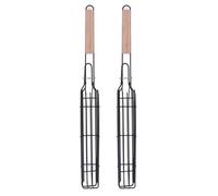 Adfaga 2 pièces panier à griller en acier inoxydable roulant BBQ saucisse légumes gril Tube avec poignée en bois de chaleur pour barbecue de camping en plein air