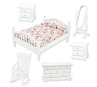 Adfaga Ensemble de Meubles Miniatures à l'échelle 1:12, Accessoires de Chambre à Coucher en Bois Blanc pour Maison de poupée, Comprenant Un lit Queen, des Tables de Chevet à Long m