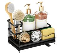 Adfaga Organisateur d'évier de cuisine en acier inoxydable, porte-éponge avec support à brosse amovible, plateau de vidange réglable, organisateur d'évier antirouille pour comptoir (Noire)