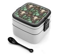 ADFGYERH Boîte à déjeuner à double couche avec séparation et cuillère Motif tête de mort de taureau et cactus mignon Pour les repas au travail, les voyages, les pique-niques, convient aux hommes et