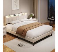 ADFUNIT Lit rembourré 160 x 200 cm avec LED et station de charge, lit double avec espace de rangement sous le lit, cadre de lit pour adolescent avec tête de lit et sommier à lattes, lin beige