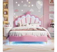ADFUNIT Lit Simple Rembourré 140x200 cm pour Fille, Lit Princesse à Tête de Lit en Forme de Couronne, avec Bandeau LED Lumineux Réglable, Rose (sans Matelas)