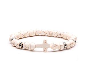 ADGJL Bracelet Femme Pierre Naturelle, 7 Chakra Perles Blanc Turquoise Élastique Avec Croix, Bijoux Yoga Prier Énergie Charme Diffuseur Protection Pour Cadeau