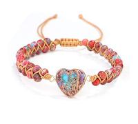 ADGJL Bracelet Pierre Femme,7 Chakra Pierres Naturelles Perles Rouge Jaspe Impérial Tissage Bracelet Réglable Bracelet avec Bijoux Coeur Doré pour Les Femmes Couple Cadeau De Vacances