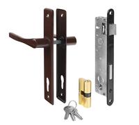 ADGO Poignée de porte + serrure de porte + serrure avec clé - Poignée de porte de garage 90 mm - Marron - Cylindre de serrure 30/30 mm - Kit prêt à monter (marron)