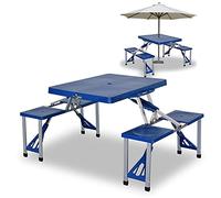 ADGO Table Pliante Mobilier de Voyage avec 4 Tabourets, Valise de Voyage Compacte Etanche, pour Camping, Aluminium PVC, 2en1 Table et 4 Sièges, Bleu, 1 pièce