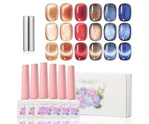 ADHERE 12ml Kit de vernis à ongles en gel œil de chat 6 pièces avec bâton magnétique, paillettes holographiques Vernis à ongles gel UV LED pour salon de manucure (Conte de fées de la pierre d'ambre)