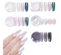 ADHERE 5 pièces Pearl Series, 3 poudres chromées nacrées + 1 poudre à ongles miroir violet foncé + 1 paillettes, finition nacrée holographique et brillance métallique miroir