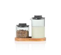 AdHoc MZ08 Impact Service à lait et sucre 3 pièces | Verre gris avec couvercle en silicone et dessous de verre en bois d'acacia | Verre borosilicate résistant à la chaleur | Passe au lave-vaisselle |