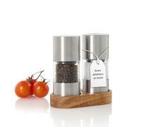 AdHoc Stilo Moulin à poivre et moulin à sel | Lot de 2 moulins manuels avec broyeur en céramique | Corps en acier inoxydable avec dessous de plat en bois | Mouture réglable de fin à grossier