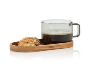 AdHoc Tasse à café Impact avec dessous de verre en bois d'acacia, 300 ml, tasse pour thé, latte, cappuccino avec poignée, verre borosilicate résistant à la chaleur, grand espace pour buiscuits
