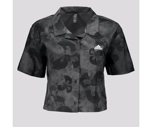 adidas Femme Floral Graphic Crop Woven Polo Shirt, Grey Five/Carbon, L