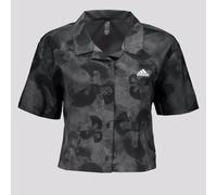 adidas Femme Floral Graphic Crop Woven Polo Shirt, Grey Five/Carbon, XS