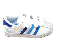 adidas Superstar IF3577, Chaussures de sport avec trois bandes bleues, fermeture à déchirure, blanc et bleu, Blanc et bleu., 32 EU