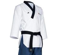 adidas Uniforme de taekwondo Poomsae pour femme, homologué par Dan WT, 55 % coton, 45 % polyester, col en V, dobok (blanc et bleu)