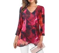 Adigaber Femme Blouse à Manches Trois-Quarts à col en V pour Top | Coupe ample，Ourlet asymétrique，Double couche，Mousseline，Fluide，Couleur unie，Décontracté，Blouse de bureau，Imprimé